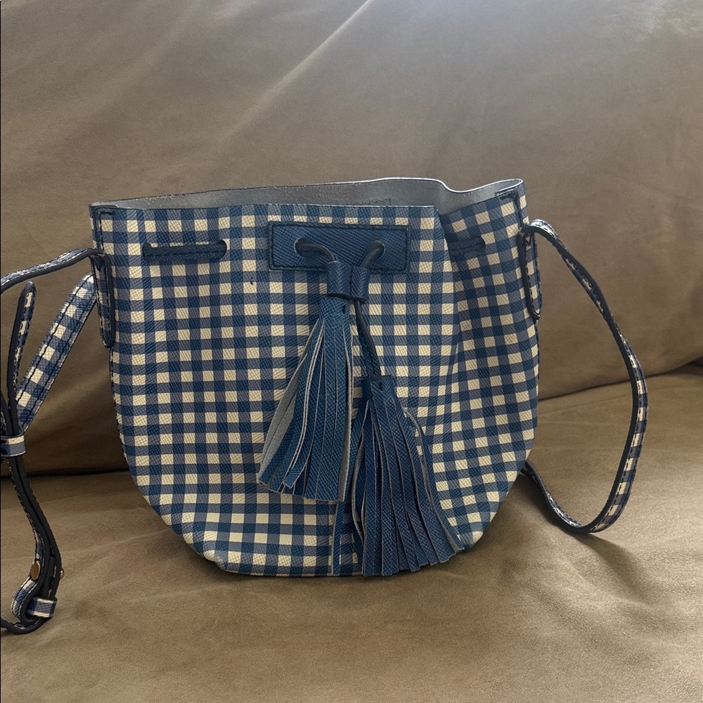J. Crew Navy Checkered Crossbody Bag with Tassels